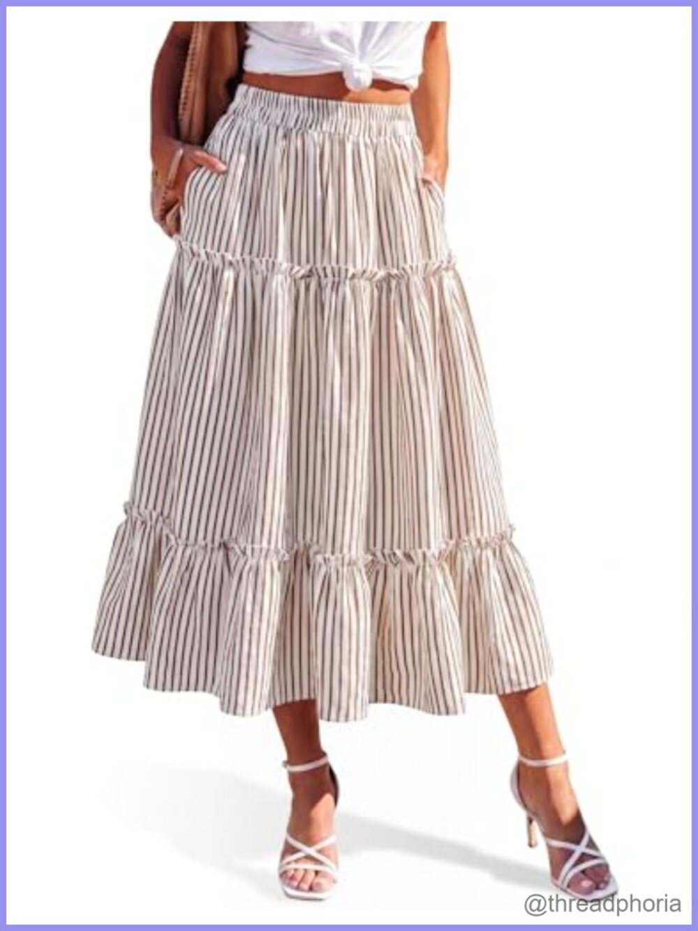 DERAX Womens Striped Midi Skirt with Pockets High Waisted Ruffle Tiered A-Line